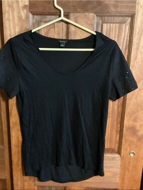 Ann Taylor Black Short-Sleeve Scoop Neck Top with Eyelet Sleeves